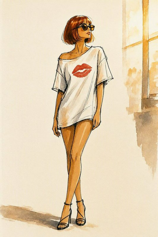 Fashion illustration of a woman with a short bob haircut, lip print oversized t-shirt, sunglasses, and strappy stiletto he...