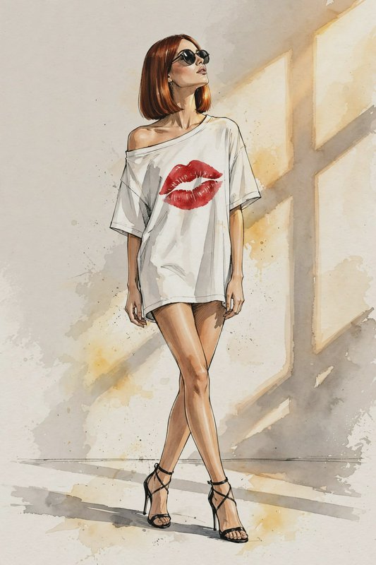 Watercolor fashion sketch of a stylish red-haired woman in an oversized lip print tee, sunglasses, and strappy stiletto he...