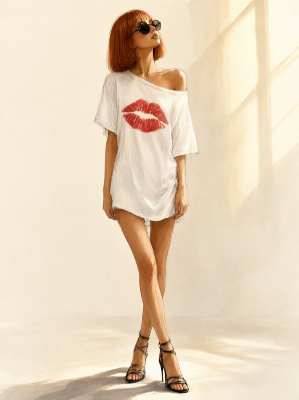 Fashion illustration of red-haired woman wearing lip print oversized t-shirt, sunglasses, and heels in a sunlit room.