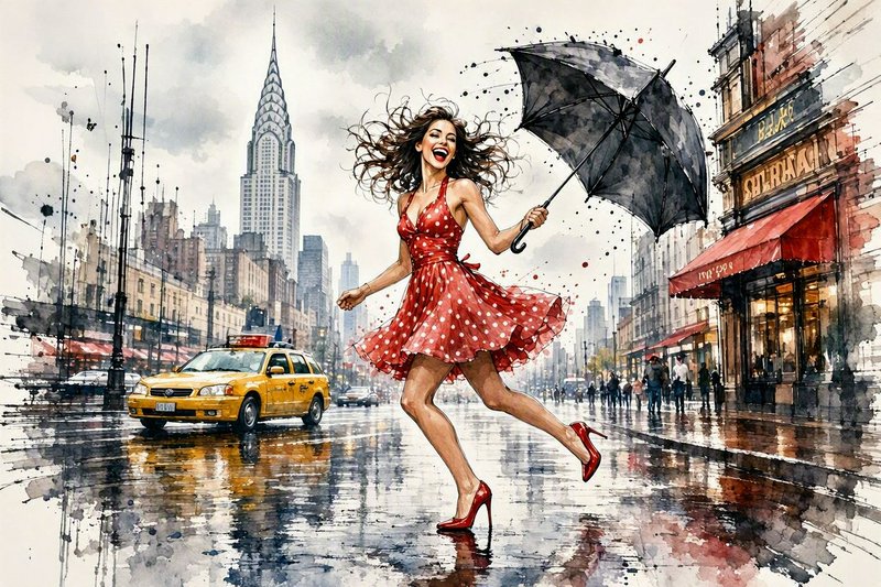 Watercolor illustration of laughing woman in red polka dot dress dancing with an umbrella on rainy New York City street.