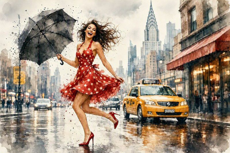 [Joyful laughing woman in red polka dot dress holds a wind-blown umbrella dancing on rainy New York city street, watercolo...