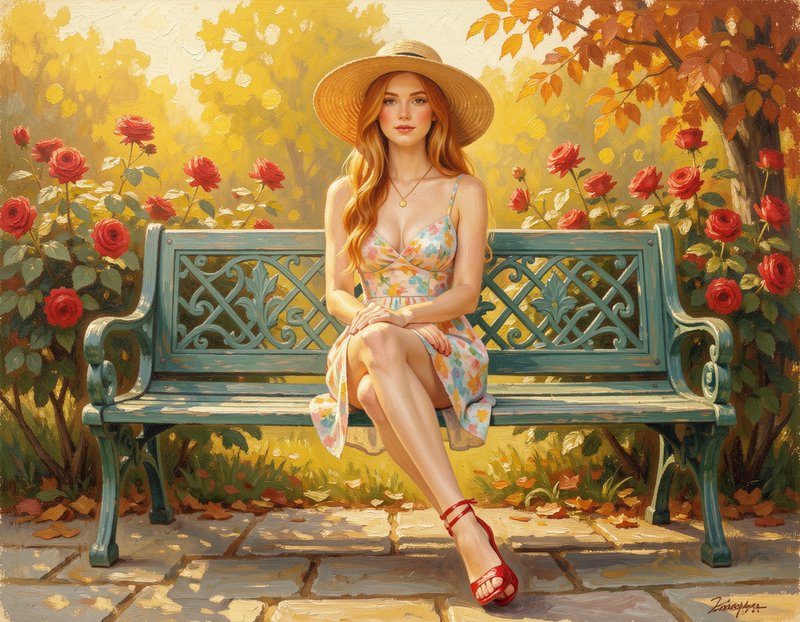 Impressionist painting of a red-haired woman in a straw hat sitting on a teal garden bench surrounded by red rose bushes i...
