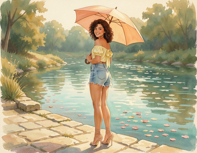 [Watercolor illustration of smiling curly-haired woman holding a peach parasol on a sunlit riverside stone path]