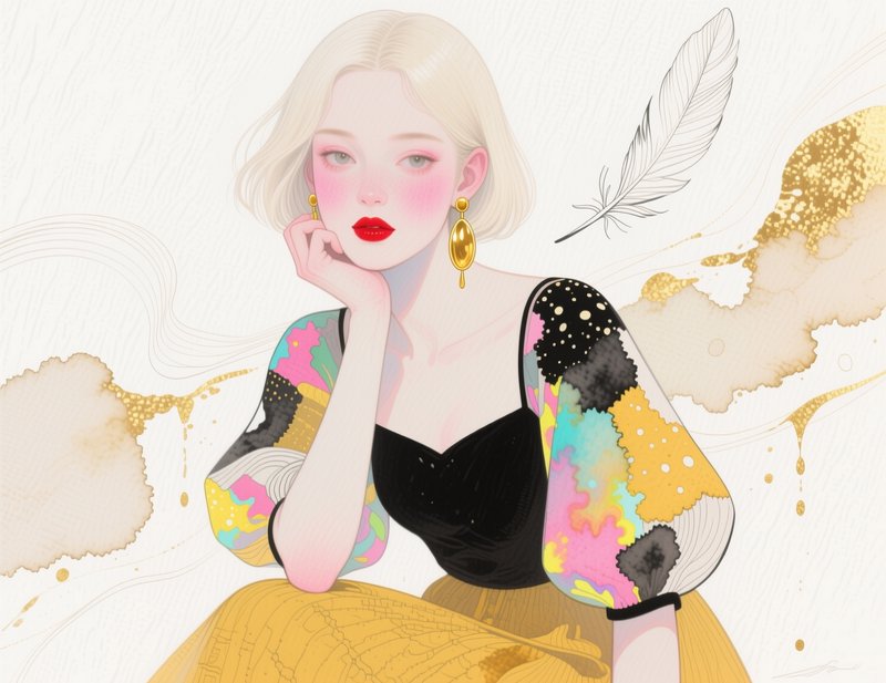 [Elegant modern digital illustration of a platinum blonde woman resting her chin on her hand, wearing bold gold statement ...