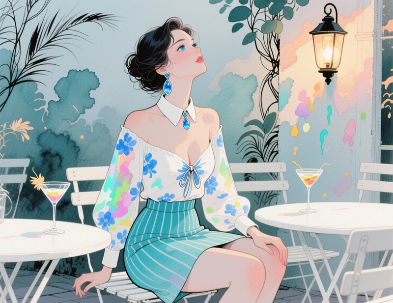 [Stylized illustration of an elegant woman seated at a pastel outdoor bistro cafe, looking up wistfully beside cocktail ta...