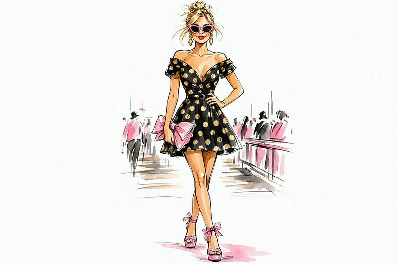 Watercolor fashion sketch of stylish blonde woman in black gold polka dot dress with coordinating pink accessories.