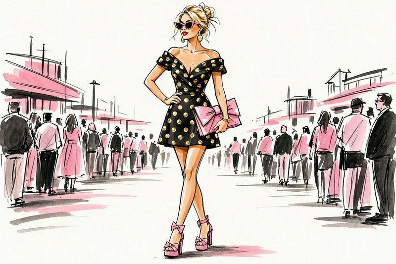 [Hand drawn fashion illustration of a confident glamorous woman in a polka dot dress with pink accessories, standing on a ...