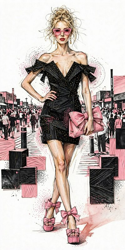 [Fashion illustration of glamorous model in black off-shoulder dress with matching pink bow accessories on a busy city str...