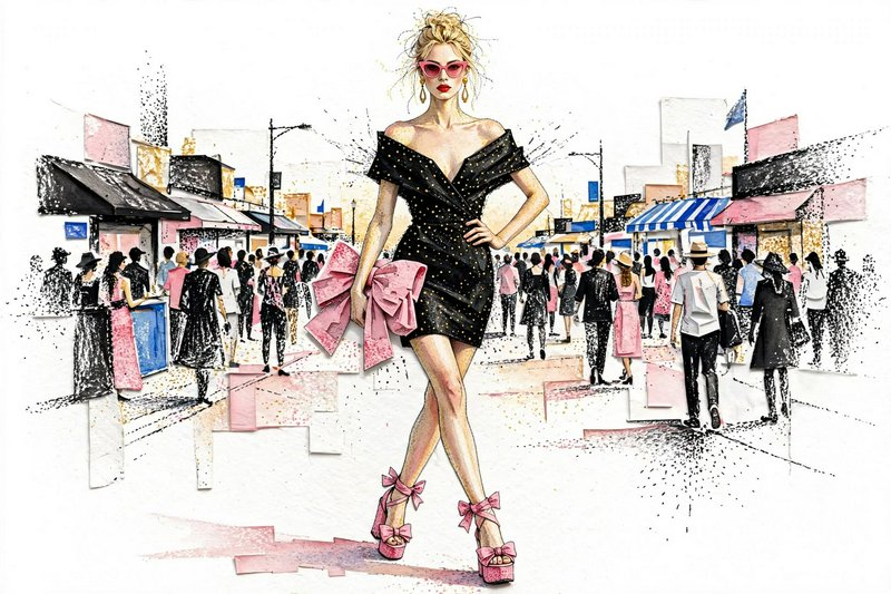Fashion illustration of a stylish blonde model in a black cocktail dress with pink accessories walking down a busy city sh...
