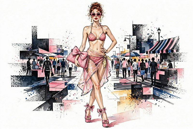 Watercolor fashion illustration of glamorous woman in pink beachwear on a busy beach boardwalk