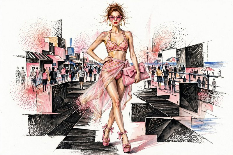 [Watercolor fashion illustration of a glamorous woman in pink polka dot swimwear posing on a busy beach boardwalk]