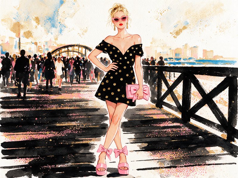 [Watercolor fashion illustration of chic blonde woman in a gold polka dot black dress posing on a busy waterfront boardwalk]