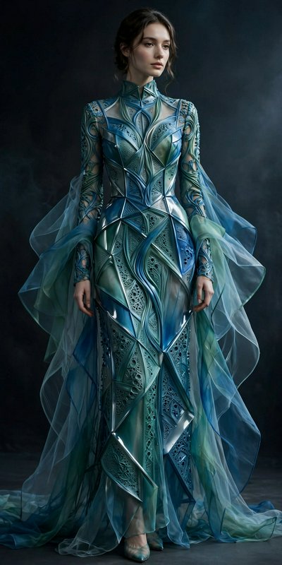 Model wearing an ornate futuristic blue-green fantasy couture gown against a dark moody studio backdrop