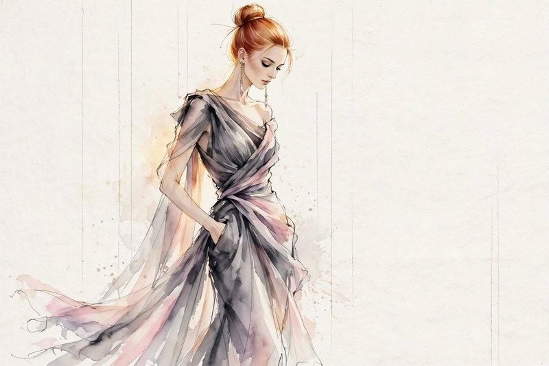 Watercolor fashion sketch of red-haired woman in flowing draped sheer grey and dusty rose evening gown, looking downward.