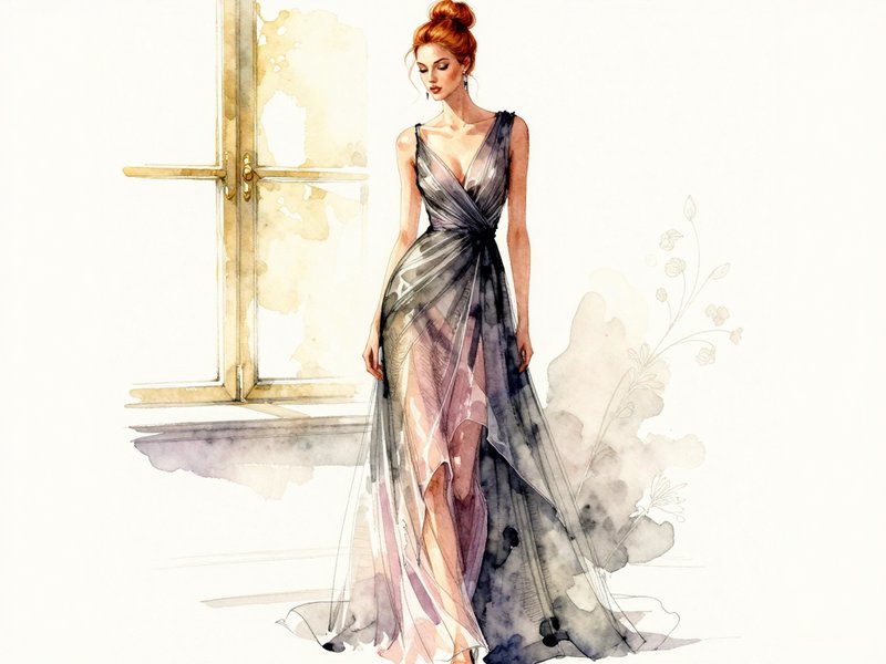 Watercolor fashion illustration of elegant red-haired woman in flowing sheer evening gown beside a gilded window