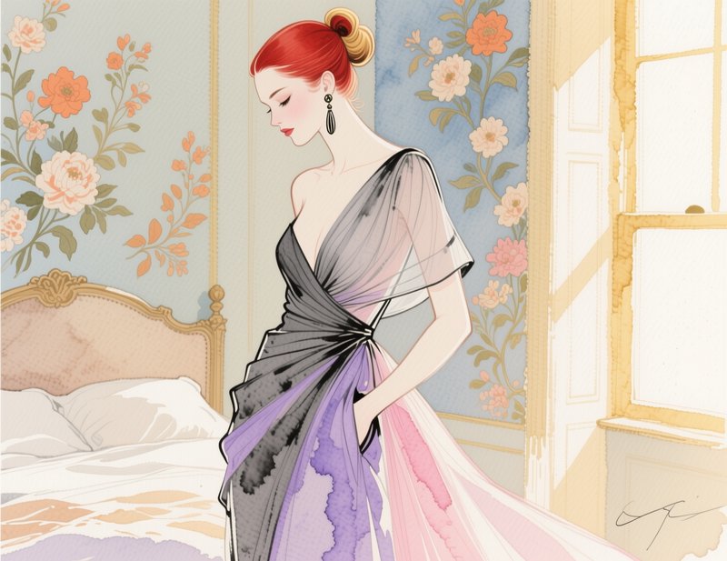 [Stylized illustration of elegant red-haired woman in a flowing pastel gown inside a vintage floral bedroom]
