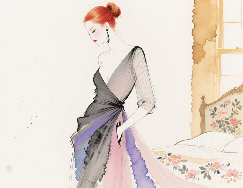 Elegant fashion illustration of red-haired woman in gradient flowing evening gown beside vintage embroidered bed