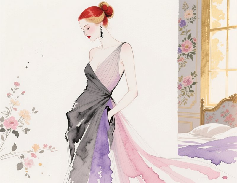 [Watercolor fashion illustration of elegant red-haired woman in a gradient draped evening gown in a vintage floral bedroom]