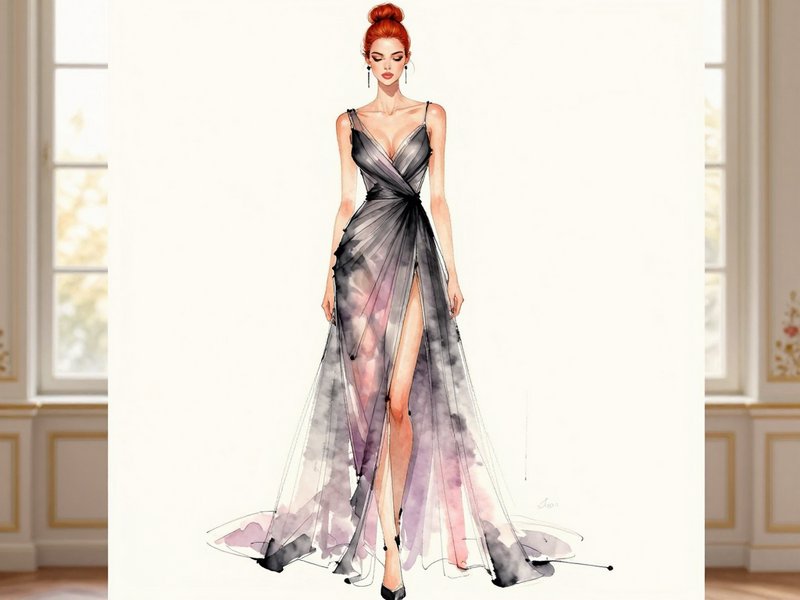 Watercolor fashion illustration of red-haired model wearing a flowing ombre sheer evening gown with high slit.