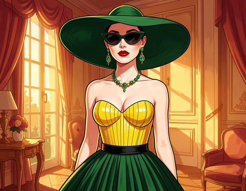 [Glamorous retro illustrated woman in wide green hat, cat-eye sunglasses, emerald jewelry, standing in sunlit vintage luxu...
