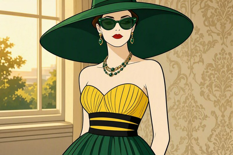 Illustrated elegant vintage woman in wide brim green hat, cat-eye sunglasses, and formal yellow-green gown in a sunlit int...