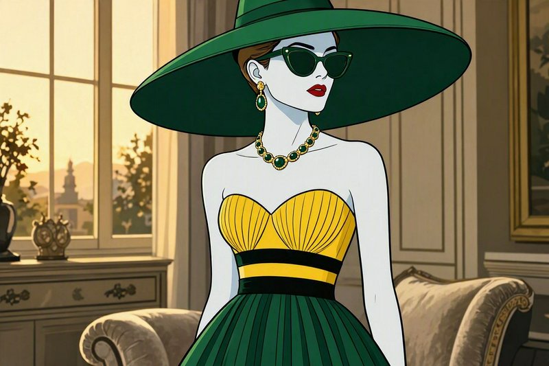 [Stylized elegant illustrated woman wearing oversized green hat, cat-eye sunglasses, emerald jewelry, and formal gown in a...