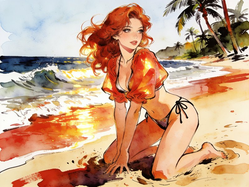 Watercolor illustration of curly red-haired woman kneeling on a tropical sunset beach, palm trees lining the shore.