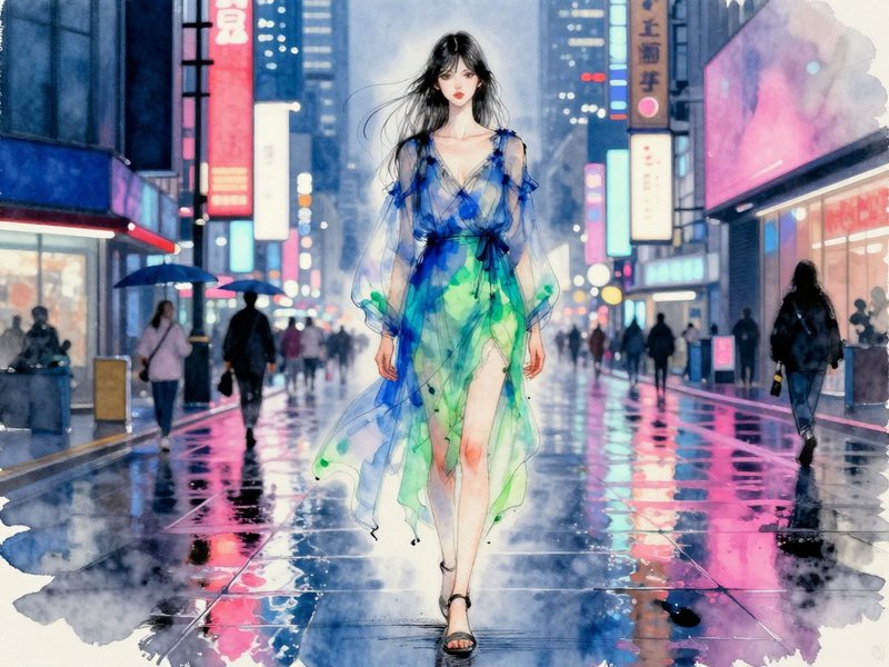 [Watercolor illustration of elegant woman in sheer blue-green dress walking on rain-soaked neon city street]