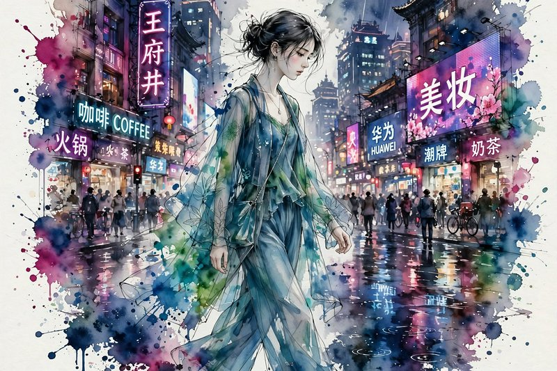 [Watercolor illustration of a young woman walking through a neon-lit busy Beijing shopping street after rain]