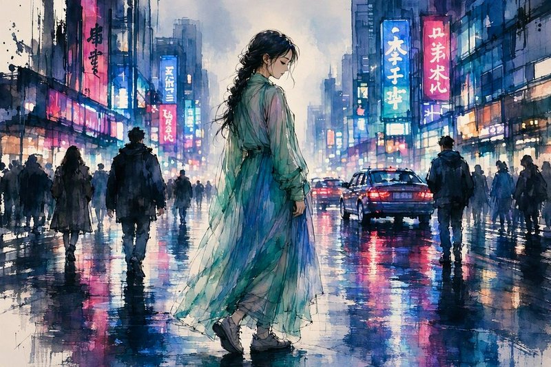 [Watercolor anime illustration of a lone woman standing on a rainy neon-lit downtown Tokyo street at dusk]