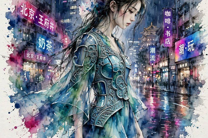 Watercolor illustration of pensive woman in ornate armor standing on rainy neon-lit Beijing Wangfujing street