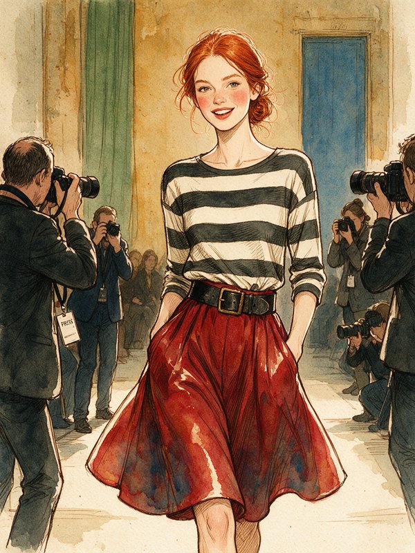 [Watercolor illustration of smiling redhead runway model in striped top and red skirt surrounded by press photographers ta...