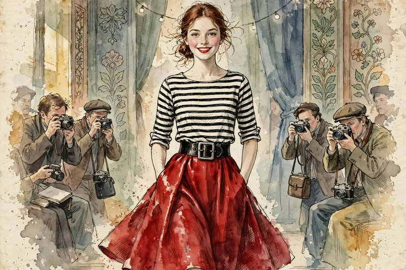 [Watercolor illustration of smiling vintage fashion model posing for a crowd of 1950s press photographers holding film cam...