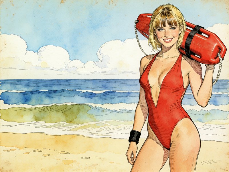 [Watercolor ink illustration of smiling blonde female lifeguard holding a rescue buoy on a sunny sandy beach]