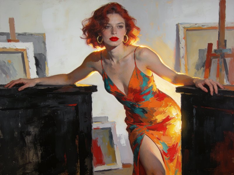 Impressionist oil portrait of a red-haired woman in a vibrant patterned dress leaning between pedestals in a sunlit art