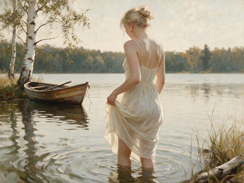Impressionist oil painting of a blonde woman in a sheer cream dress standing in calm lake water beside a moored wooden