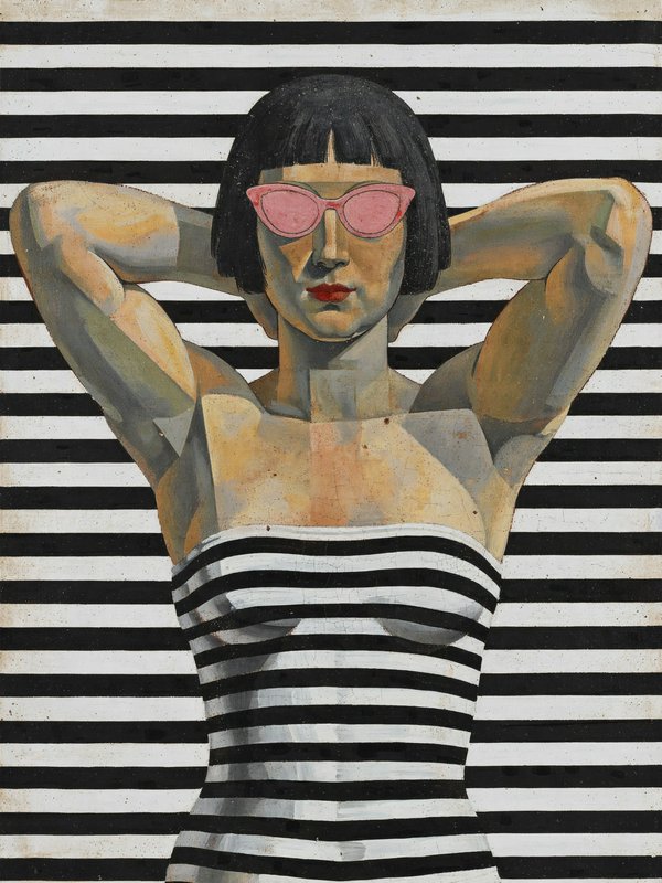 Cubist portrait painting of a woman in pink cat-eye sunglasses, striped swimsuit, hands behind her head against a striped ...