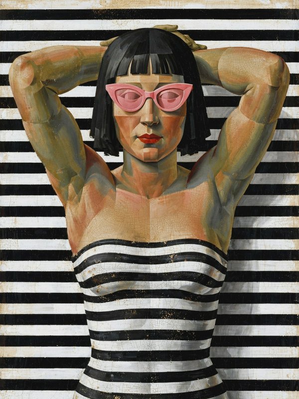 [Cubist portrait of a woman in pink cat-eye sunglasses, striped strapless top, with arms raised behind her head against a ...
