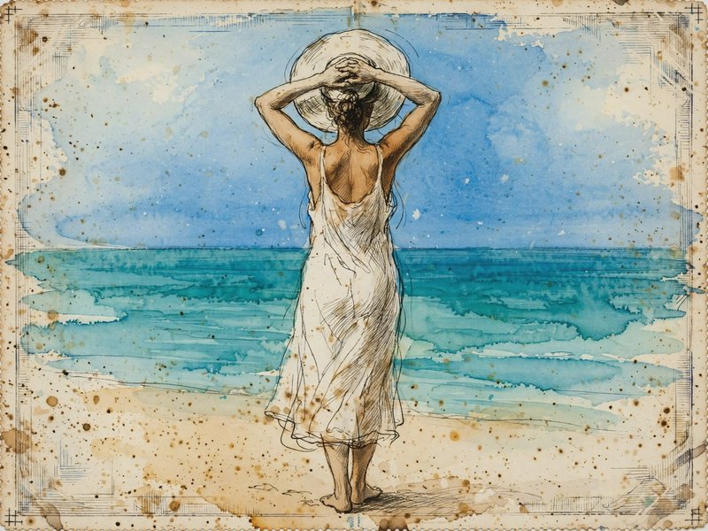 Vintage ink and watercolor sketch of a woman in a wide sun hat standing barefoot on a beach facing the turquoise ocean.