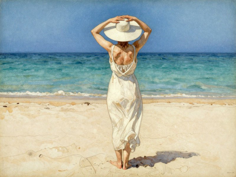 Woman viewed from behind in a white sundress and wide sunhat stands barefoot on a sandy beach facing turquoise ocean under...