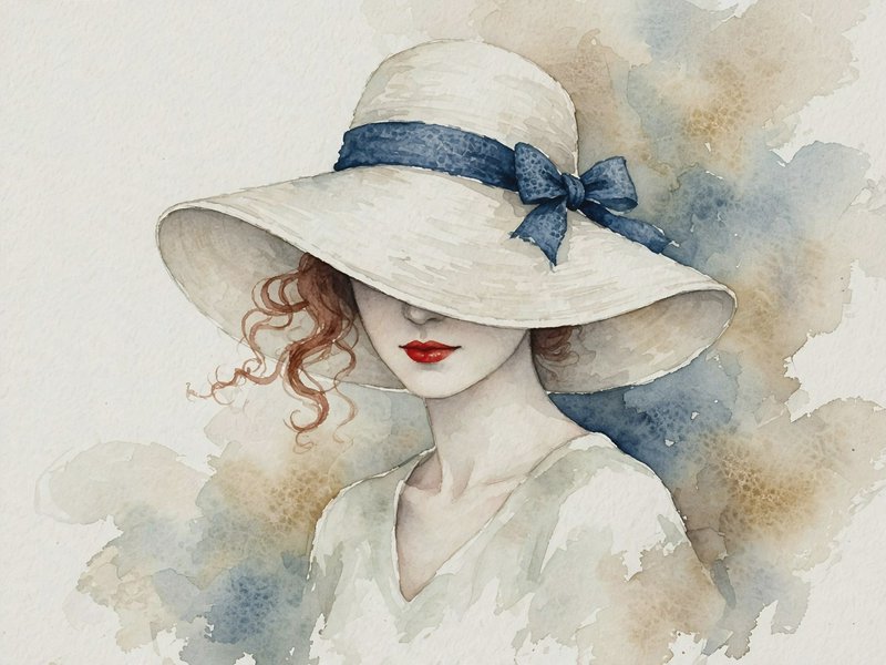 [Watercolor portrait of elegant woman in wide brim white sun hat with blue bow, hat brim shading her eyes]