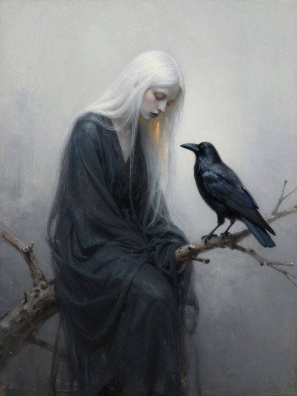 Ethereal oil painting of pale long white-haired woman in dark gown seated on a branch, facing a perched black raven