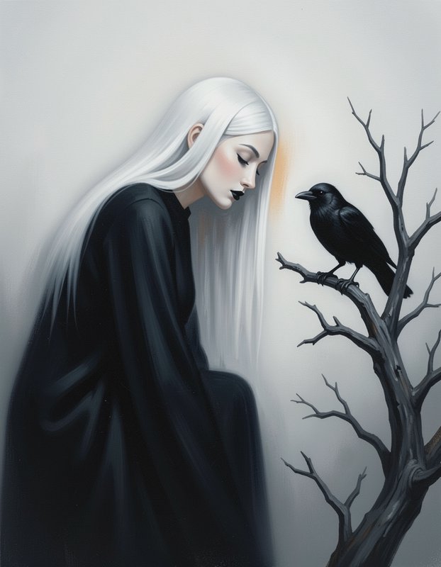Ethereal gothic portrait of a long white-haired woman in black, gazing at a raven perched on a bare gnarled tree branch