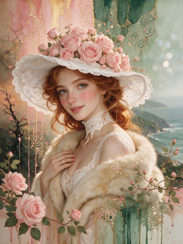 [Ethereal portrait of red-haired woman in lace hat adorned with pink roses, dreamy pastel coastal backdrop]