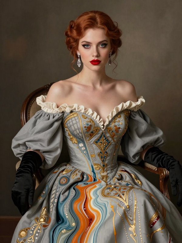 Elegant red-haired woman in an ornate embroidered baroque gown seated in a vintage upholstered armchair