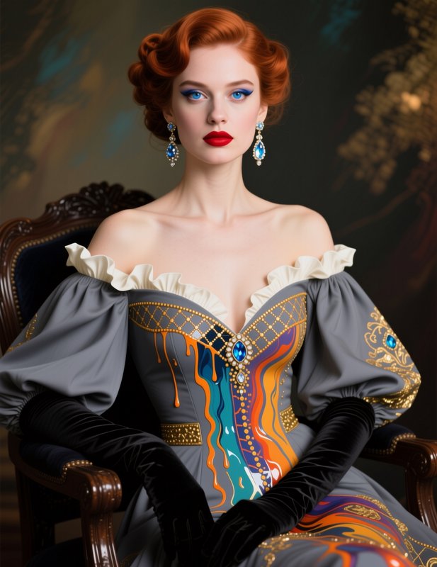 [Elegant red-haired woman in a surreal vintage gown sits in an ornate carved armchair with sapphire jewelry and bold retro...