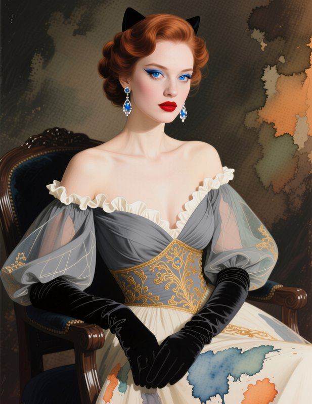 Elegant vintage portrait of red-haired woman wearing cat ear headband, formal gown, seated in ornate wooden armchair
