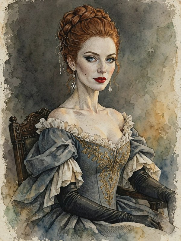 Watercolor portrait of elegant red-haired historical noblewoman in embroidered period gown, seated on an ornate carved chair.