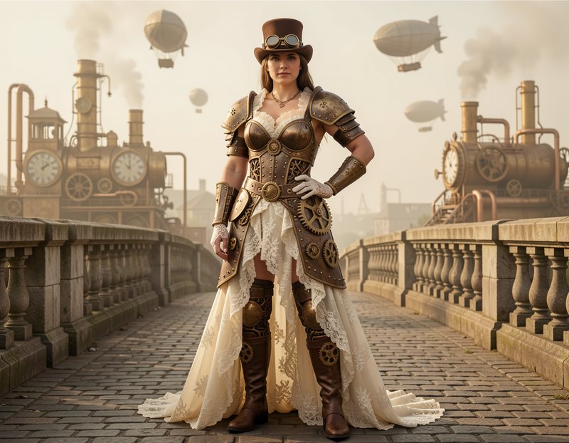 [Steampunk woman in brass armor and top hat stands on cobblestone bridge, with floating airships and steam factories in fo...