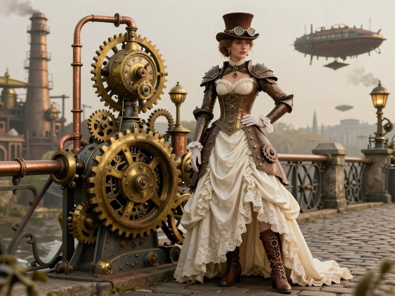 [Poised steampunk woman in a top hat and ornate Victorian gown stands beside brass gear machinery on a cobblestone bridge,...